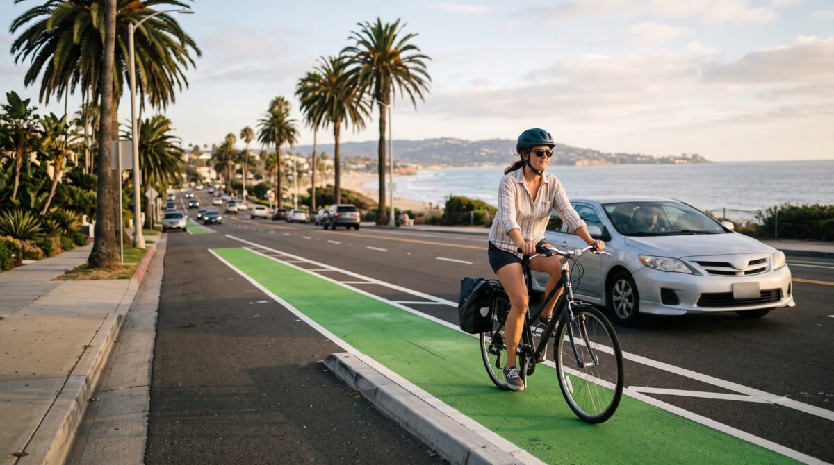 Cyclist riding in a green bike lane on a San Diego coastal road